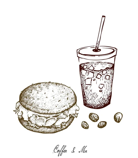 Koffie Illustratie Hand Getrokken Schets Van Heerlijke Hamburgery Iced Koffie — Stockvector