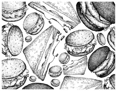 Elle çizilmiş kroki çeşitli lezzetli hamburger ve beyaz arka plan üzerinde izole sandviç duvar kağıdı illüstrasyon.