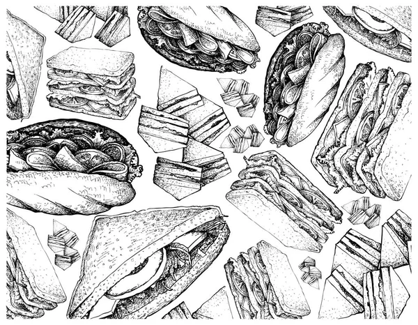 Illustration Hand Drawn Wallpaper Sketch Delicious Homemade Freshly Baguette Sandwiches — Stock Vector