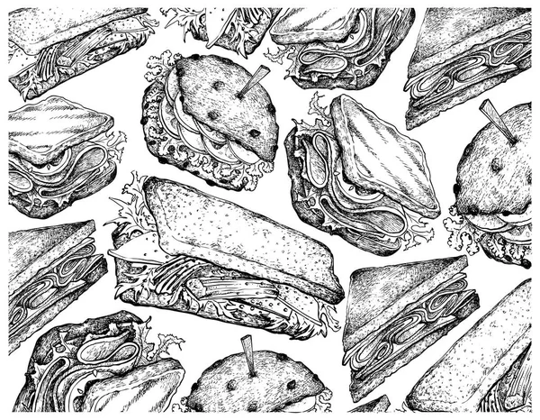 Ilustracja Odręczny Szkic Tapeta Różnych Pyszne Świeże Tosty Kanapki Białym — Wektor stockowy