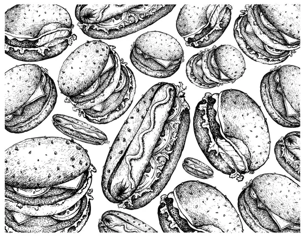 おいしいハンバーガーやホットドッグは 白い背景で隔離の手描きのスケッチのイラストの壁紙 — ストックベクタ