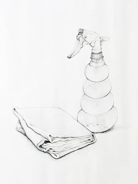 Ручной рисунок чистящего полотенца и бутылки спрей триггера — стоковое фото