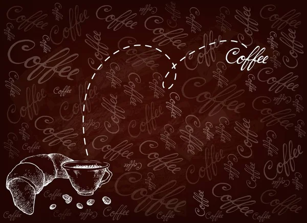 Handgezeichneter Hintergrund von heißem Kaffee mit Croissant — Stockvektor