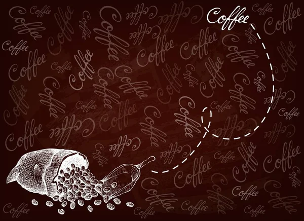 Fondo dibujado a mano de granos de café en un saco — Vector de stock