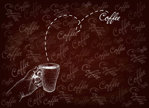 Fondo dibujado a mano de la mano sosteniendo una taza de café caliente — Vector de stock