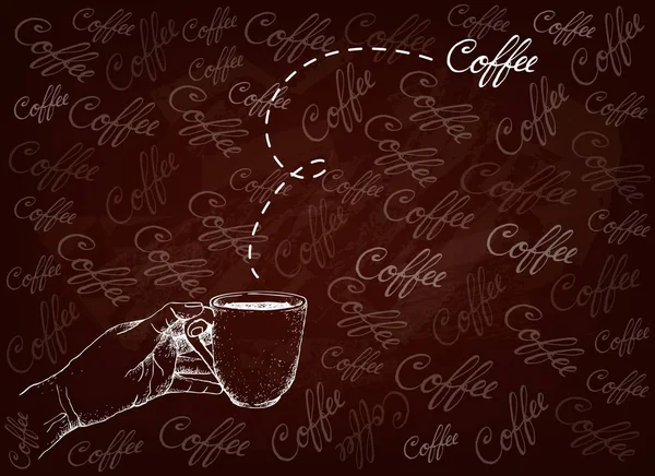 Hand gezeichnet Hintergrund der Hand hält einen Becher heißen Kaffee — Stockvektor