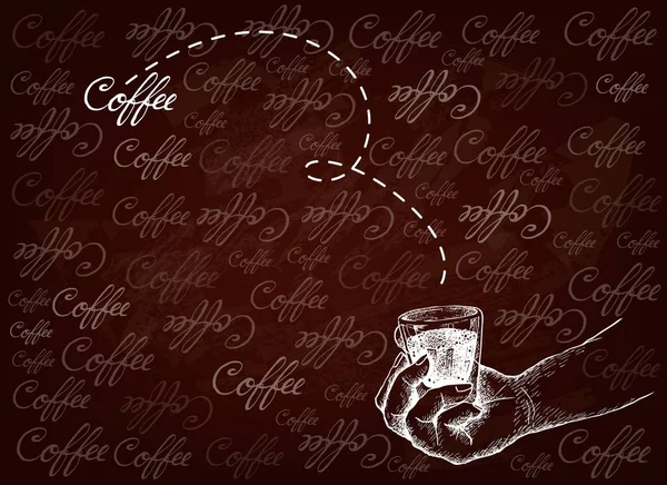 Hand getekende achtergrond van de hand houden van een shot van koffie — Stockvector