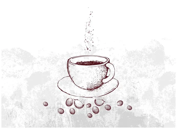 Hand dras av hett kaffe med rostade kaffebönor — Stock vektor
