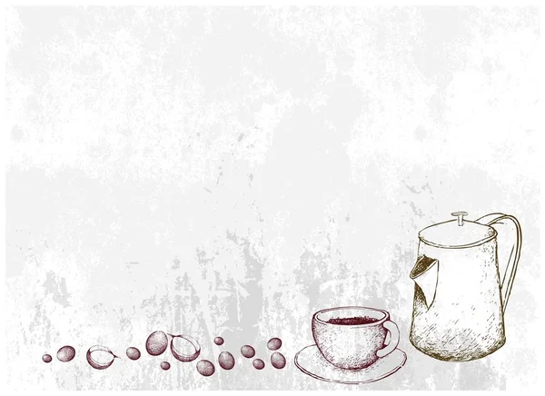 コーヒー豆とヴィンテージメタルポットの手描き — ストックベクタ
