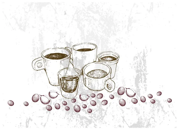Handgezeichnete Skizze verschiedener heißer Kaffees — Stockvektor