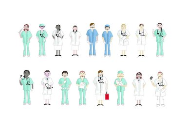 Beyaz arka planda çeşitli kadın doktorlar seti