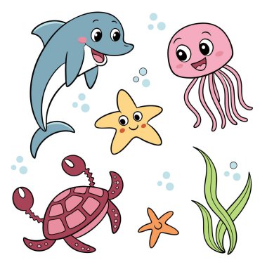 Yunus, denizanası ve denizyıldızı gibi sevimli deniz hayvanlarından oluşan bir koleksiyonun çizgi film çizimi..