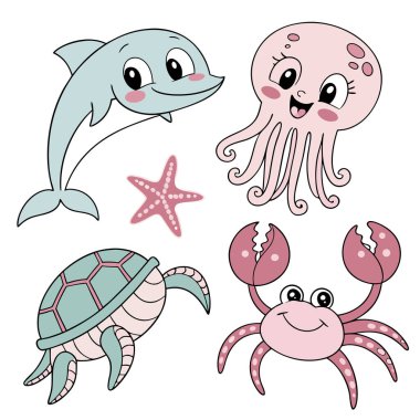 Yunus, denizanası ve denizyıldızı gibi sevimli deniz hayvanlarından oluşan bir koleksiyonun çizgi film çizimi..