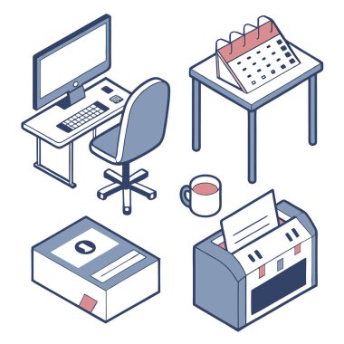 Masa, sandalye ve bilgisayar gibi ofis eşyalarından oluşan bir koleksiyonun izometrik çizimi.