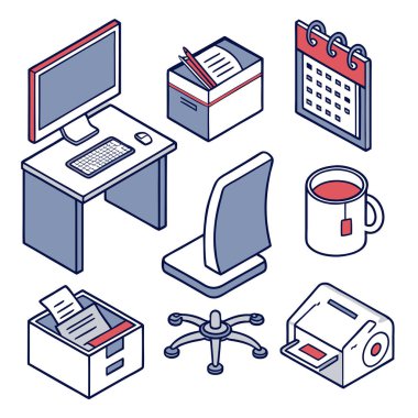 Masa, sandalye ve bilgisayar gibi ofis eşyalarından oluşan bir koleksiyonun izometrik çizimi.