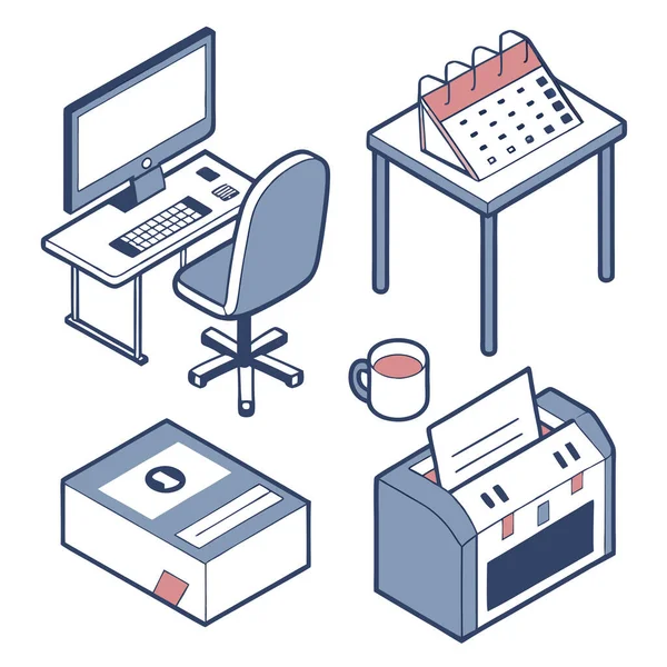Masa, sandalye ve bilgisayar gibi ofis eşyalarından oluşan bir koleksiyonun izometrik çizimi.
