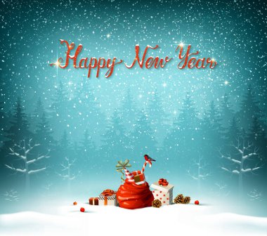 Mutlu yeni yıl kaligrafi kırmızı insption. BUE orman tatil arka plan üzerinde.