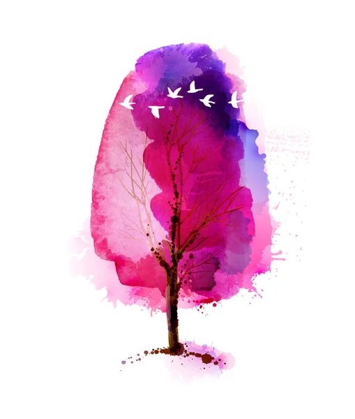 Blossoming Spring Watercolor Pink Tree Flock White Flying Birds — Stock Vector