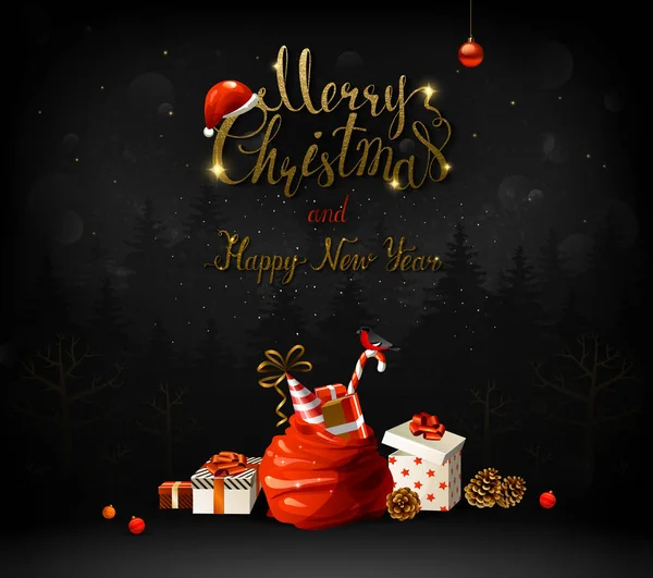 Merry Christmas Happy New Year Calligraphic Gold Texture Inscription — Stock Vector