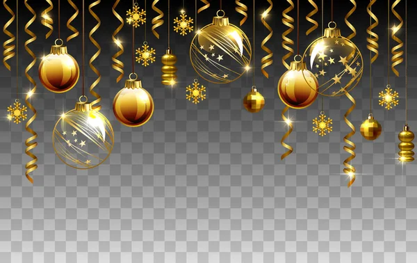 Скляні Різдвяні Вечірні Кульки Прозорому Фоні Новорічні Золоті Прикраси Гірляндами — стоковий вектор