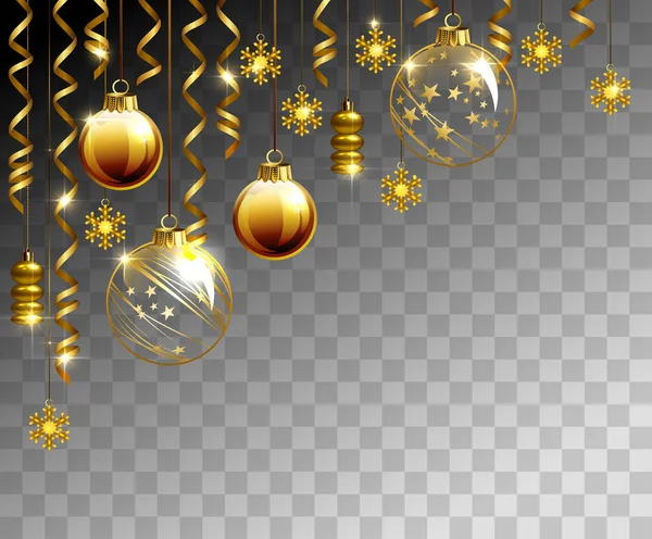 Glazen Kerstballen Van Avond Een Transparante Achtergrond Nieuwjaar Goud Decoraties — Stockvector