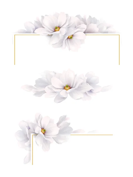 エレガントな花の組成を持つ装飾招待状やお祝いカードの つのバージョンのセットです 白い背景に白いモクレンの開花 — ストックベクタ