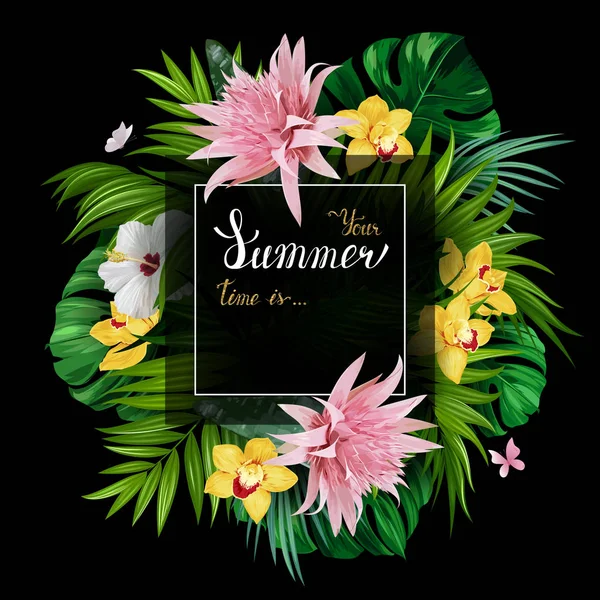 Holiday Banner Med Tropisk Palm Monstera Blad Hibiskus Och Orkidéer — Stock vektor