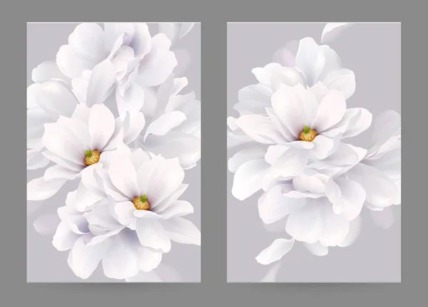 两张邀请函或贺卡 配以优雅的花朵组成 盛开的白色木兰在背景上形成了构图 — 图库矢量图片