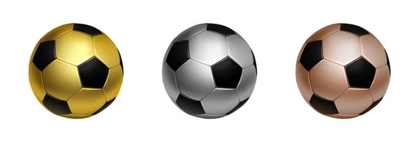 Three Soccer Football Ball Gold Silver Bronze First Second Third — Stock Vector