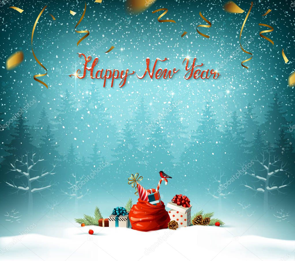Merry Christmas and Happy New Year calligraphy inscription. Festive symbols on the Holiday background.