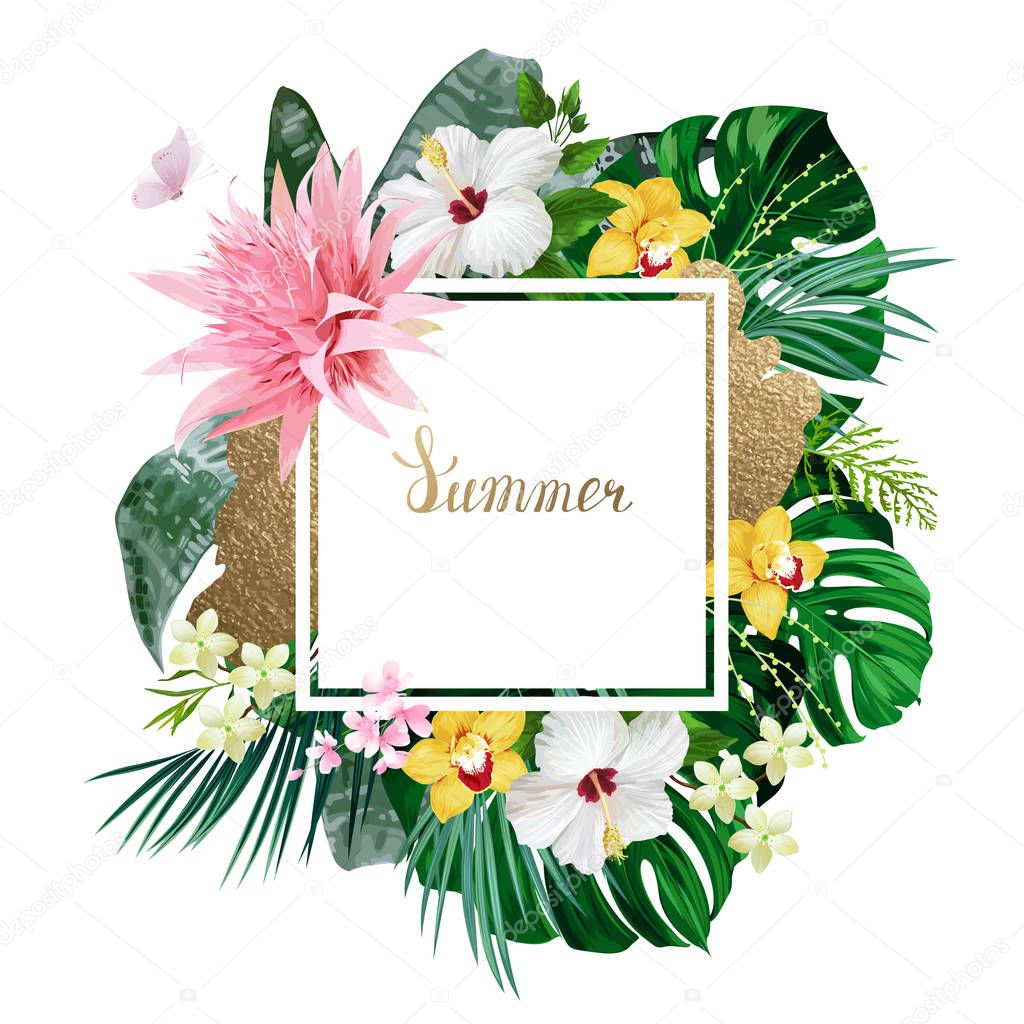 Holiday banner with tropical palm, monstera leaves, Hibiscuses, Aechmea and Orchids blooming flowers on the white background.
