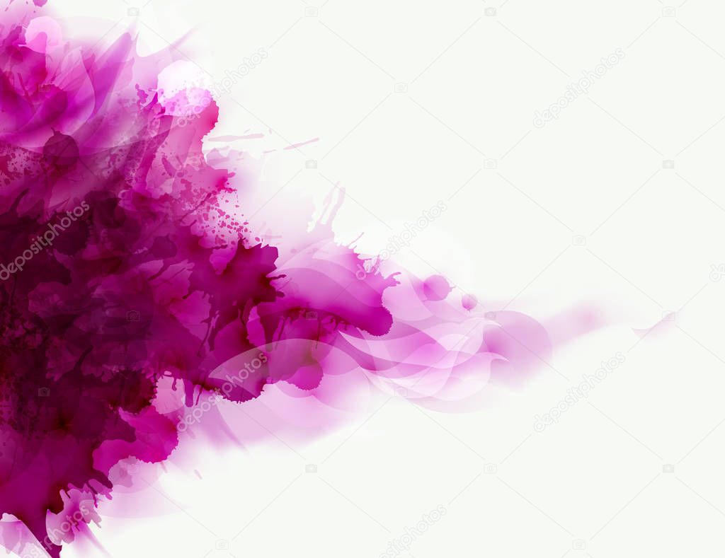 Magenta watercolor big blot spread to the light background. Abstract composition for the bright design.