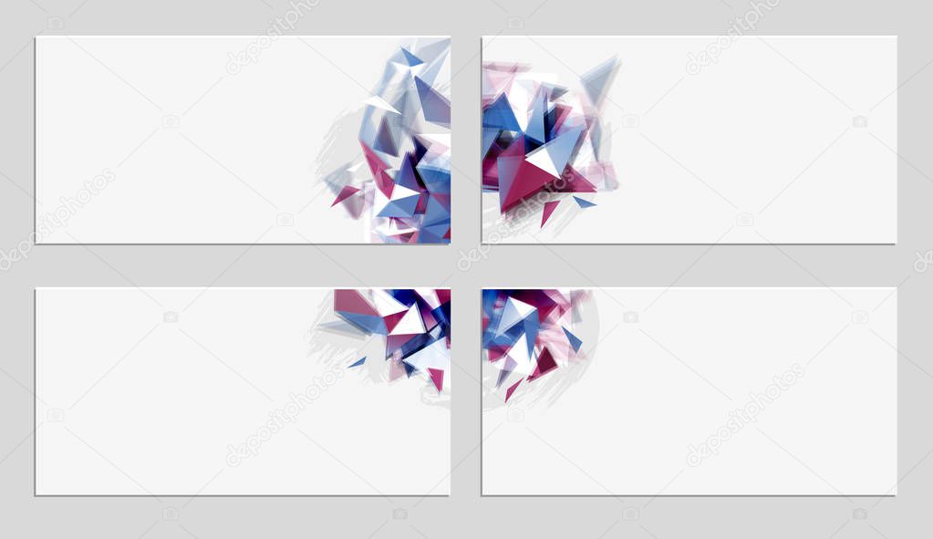 Set of elegant geometric abstract banners with glitch effect. Distorted design elements on the light four backgrounds.