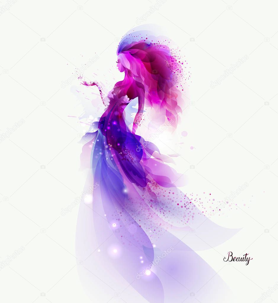 Purple decorative composition with girl. Magenta blots formed abstract woman figure.