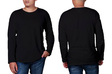 Siyah uzun kollu t-shirt sahte kadar önden ve arkadan görünüm, izole. Erkek model giyim basit siyah gömlek mockup. Uzun kollu gömlek tasarım şablonu. Boş tees için yazdırma