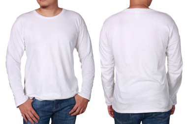 Beyaz uzun kollu t-shirt sahte kadar önden ve arkadan görünüm, izole. Erkek model aşınma düz beyaz gömlek mockup. Uzun kollu gömlek tasarım şablonu. Boş tees için yazdırma