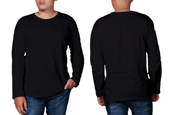 Camiseta Negra Manga Larga Simulada Vista Frontal Trasera Aislada Modelo — Foto de Stock