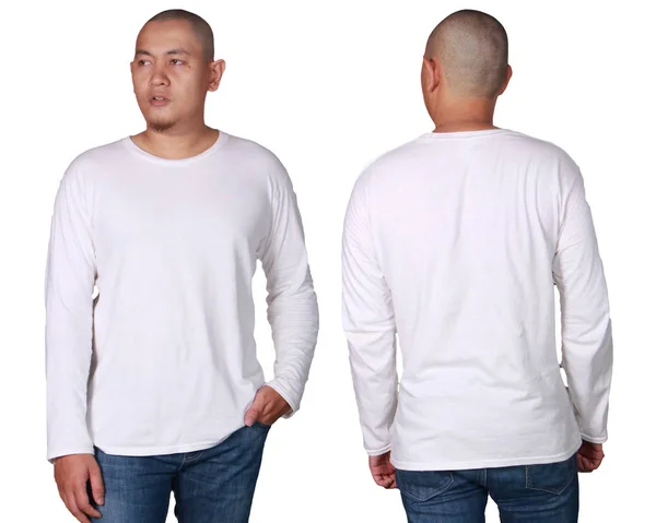 Camiseta Blanca Manga Larga Simulada Vista Frontal Trasera Aislada Modelo — Foto de Stock