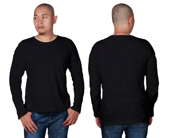 黒の長袖 シャツのモックアップ 前面図と背面図 分離します 男性モデル着用の黒無地モックアップ 長袖シャツのデザイン テンプレートです 空白の シャツ印刷します — ストック写真
