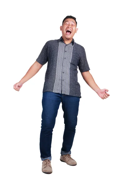 Portrait Hard Laughing Young Asian Man Wearing Batik Isolated White — Stock Photo, Image