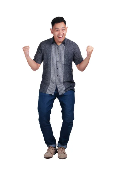 Young Asian Man Wearing Batik Shirt Jeans Smilling Showing Winning — Stock Photo, Image