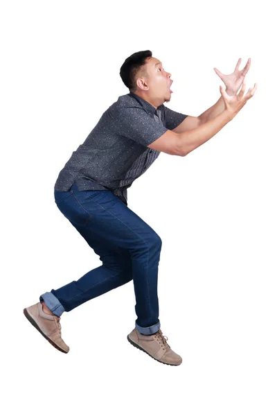 Engraçado Jovem Asiático Vestindo Camisa Batik Jeans Isolado Branco Retrato — Fotografia de Stock