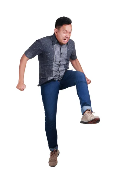 Young Asian Man Wearing Batik Jeans Stepping Forward Isolated White — Stock Photo, Image