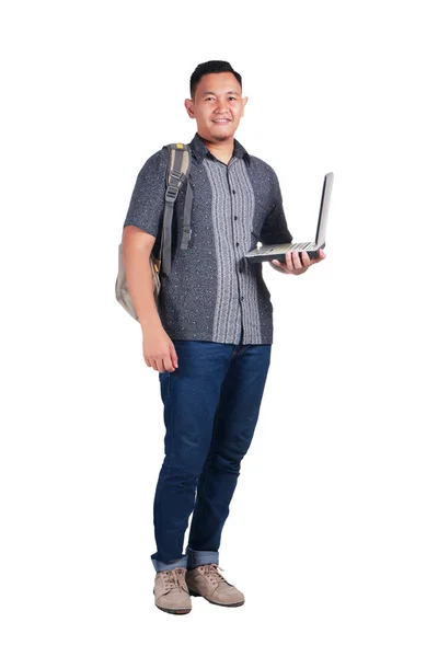 Joven Estudiante Asiático Con Camisa Batik Success Confidence Gesture Sosteniendo — Foto de Stock