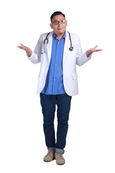 Serious Male Doctor Spreading Hands Looking Camera Confused Uncertain Unsure — Stock Photo, Image