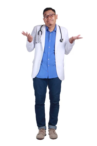 Serious Male Doctor Spreading Hands Looking Camera Confused Uncertain Unsure — Stock Photo, Image