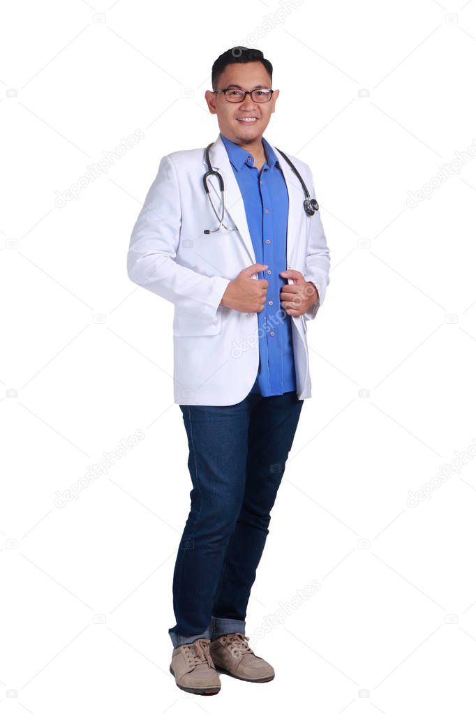 Confident Smiling Male Asian Doctor posing and looking at camera. Isolated on white. full body potrait