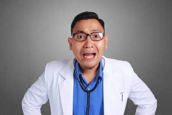 Young Asian Doctor Eyeglass Shocked Face Expression Open Mouth — Stock Photo, Image