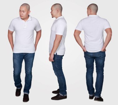 Kolaj fotoğraf. Çekici genç Asyalı adam ayakta poz giyen düz beyaz polo gömlek, yazdırma, ön arka yan görünüm için boş t-shirt sahte