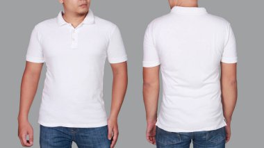 Polo t-shirt sahte izole ön ve arka görünümü kadar beyaz. Erkek model aşınma düz beyaz gömlek mockup. Polo gömlek tasarım şablonu. Boş tees için yazdırma